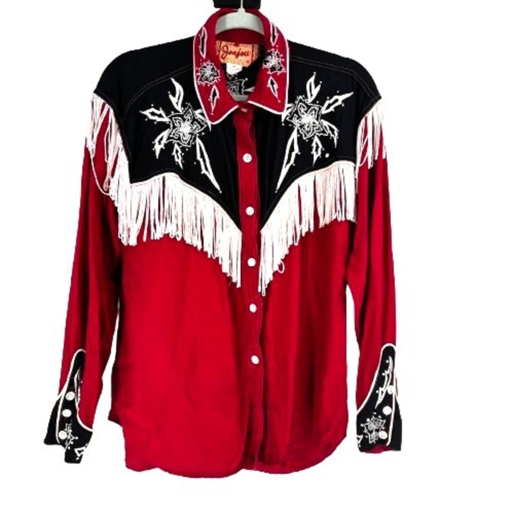 Vintage JouJou Fringed Embroidered Western Shirt Women's Large Cowgirl Rodeo Y2K